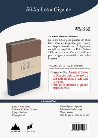 Image of BIBLIA RVR 1960 LETRA GIGANTE 14 PUNTOS SIMIL PIEL TRICOLOR MARRON BEIGE AZUL