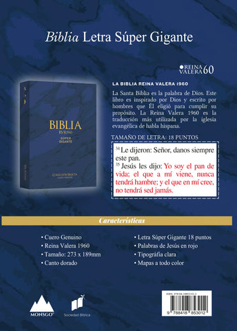 Image of Biblia RVR 1960 Letra Súper Gigante Cuero Genuino Azul con Índice