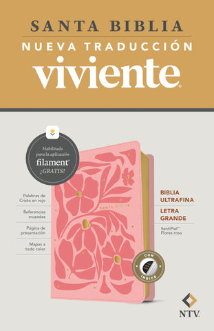 Image of Biblia NTV Ultrafina Letra Grande con Filament Símil Piel Flores Rosa Índice Letra Roja