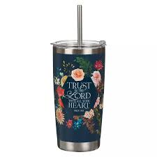 Image of Trust Indigo Blue Floral Stainless Steel Travel Tumbler with Stainless Steel Straw - Proverbs 3:5