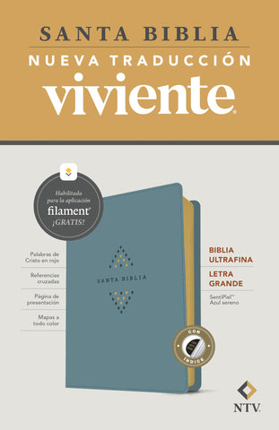 Image of Biblia NTV Ultrafina Letra Grande con Filament Símil Piel Azul Sereno Índice Letra Roja