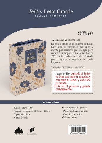 Image of BIBLIA RVR 1960 COMPACTA LETRA GRANDE 11 PUNTOS SIMIL PIEL FLORES AZULES CON CIERRE E INDICE