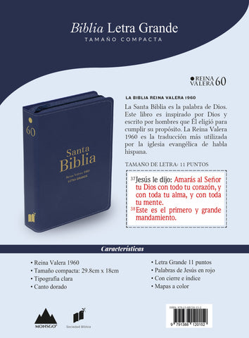 Image of BIBLIA RVR 1960 COMPACTA LETRA GRANDE 11 PUNTOS SIMIL PIEL AZUL CON CIERRE E INDICE