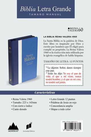 Image of Biblia RVR 1960 Letra Grande Tamaño Manual Tricolor Azul Crema Azul Marino con Cierre e Índice