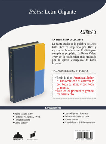Image of BIBLIA RVR 1960 LETRA GIGANTE 14 PUNTOS SIMIL PIEL BLOQUE AZUL COBRE GRIS CADETE