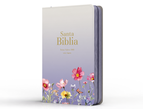 Image of BIBLIA RVR 1960 LETRA GIGANTE 14 PUNTOS SIMIL PIEL LILA FLORES CON CIERRE E INDICE
