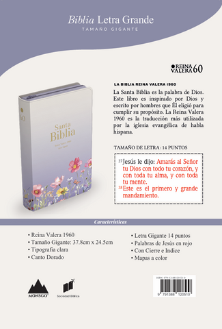 Image of BIBLIA RVR 1960 LETRA GIGANTE 14 PUNTOS SIMIL PIEL LILA FLORES CON CIERRE E INDICE