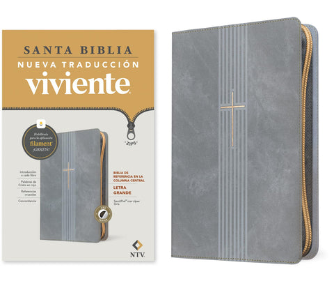 Image of Biblia NTV Referencia Central Letra Grande con Filament Símil Piel Cierre Gris Índice Letra Roja