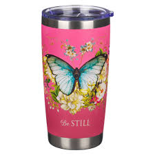 Image of Pink Be Still Butterfly Stainless Steel Travel Tumbler - Psalm 46:10