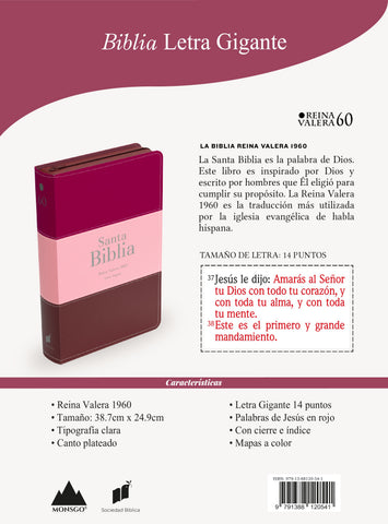 Image of BIBLIA RVR 1960 LETRA GIGANTE 14 PUNTOS SIMIL PIEL TRICOLOR FUCSIA ROSADO ROJO GRANATE CON CIERRE E INDICE