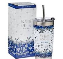 Image of Be Still & Know Blue Floral Stainless Steel Travel Mug with Reusable Stainless Steel Straw - Psalm 46:10