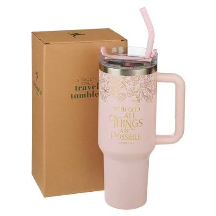 Image of Things Are Possible Blush 40 oz Stainless Steel Tumbler with Straw - Matthew 19:26