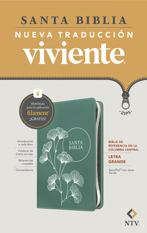 Image of Biblia NTV Referencia Central Letra Grande con Filament Símil Piel Cierre Design 4 TBD Verde Índice Letra Roja