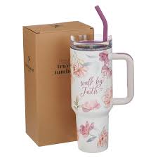 Image of Walk by Faith Pink Cosmos 40 oz Stainless Steel Tumbler with Straw - 2 Corinthians 5:7