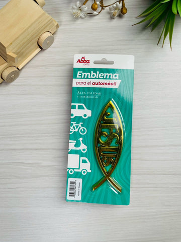 Image of EMBLEMA PARA AUTO 13 CM ICTHUS CON JESUS. DORADO