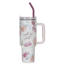 Image of Walk by Faith Pink Cosmos 40 oz Stainless Steel Tumbler with Straw - 2 Corinthians 5:7