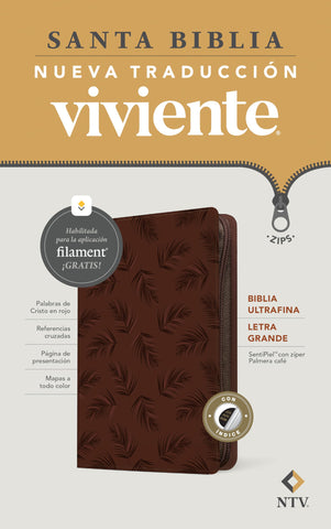 Image of Biblia NTV Ultrafina  Letra Grande con Filament Símil Piel Palmera Café Índice Letra Roja Cierre