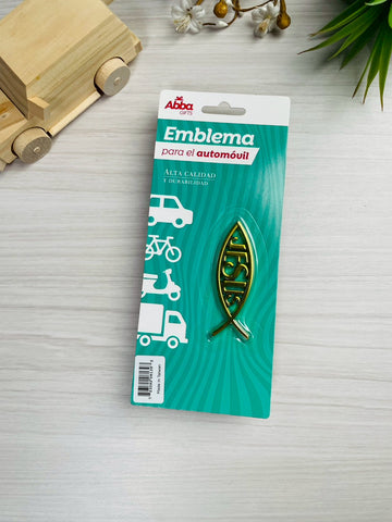 Image of EMBLEMA PARA AUTO 8 CM ICTHUS CON JESUS. DORADO