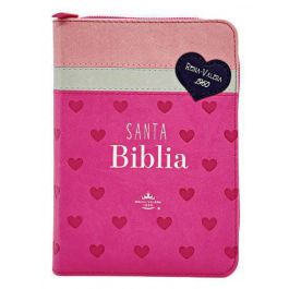 Biblia RVR 1960 Bolsillo Fucsia Blanco Rosa con Corazones Símil Piel con Cierre