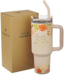 Image of Consider the Wildflowers 40 oz Peach Stainless Steel Tumbler with Straw - Luke 12:27