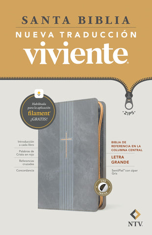 Image of Biblia NTV Referencia Central Letra Grande con Filament Símil Piel Cierre Gris Índice Letra Roja