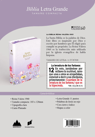 Image of Biblia RVR 1960 Compacta Letra Grande 11 puntos Símil Piel Lila Flores con Cierre y Índice