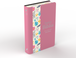 Biblia RVR 1960 Letra Grande Tamaño Manual Símil Piel DuoTone Rosa Oscuro Flores