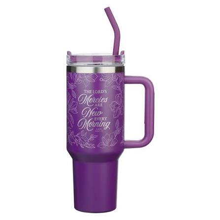 Image of New Mercies Purple Floral 40 oz Stainless Steel Tumbler with Straw - Lamentations 3:22-23