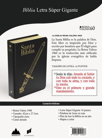 Image of Biblia RVR 1960 Letra Súper Gigante Símil Negro Espada