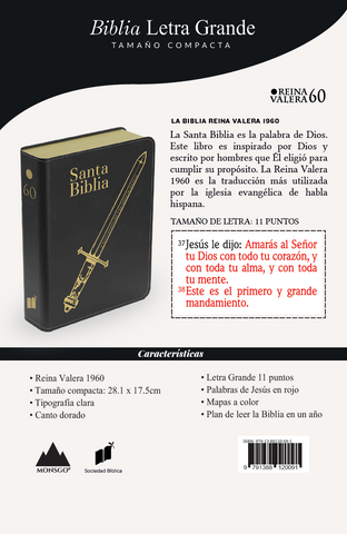Image of Biblia RVR 1960 Compacta Letra Grande 11 Puntos Símil Piel Negro Espada