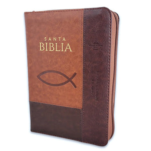 Biblia RVR 1960 Compacta Tricolor Marrón Ichtus Símil Piel con Índice y Cierre