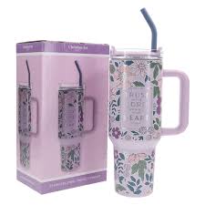Image of Trust in the Lord with All Your Heart Large Stainless Steel Mug with Handle and Straw Purple Floral Prov. 3:5