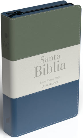 Image of Biblia RVR 1960 Letra Grande Tamaño Manual Tricolor Gris Crema Azul con Cierre e Índice