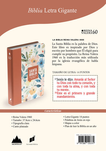 Image of BIBLIA RVR 1960 LETRA GIGANTE 14 PUNTOS SIMIL PIEL FLORES TERRACOTA