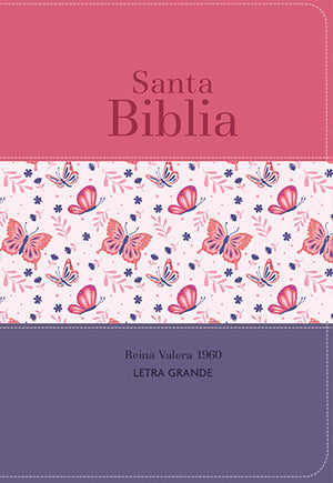 Biblia RVR 1960 Compacta Letra Grande 11 Puntos Símil Piel Tricolor Palo Rosa Mariposa Lila