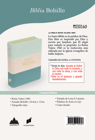 Image of BIBLIA RVR 1960 BOLSILLO SIMIL PIEL TRICOLOR CREMA VERDE AGUA ESMERALDA