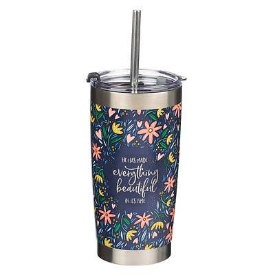 Image of Everything Beautiful Stainless Steel Travel Mug with Reusable Stainless Steel Straw - Ecclesiastes 3:11