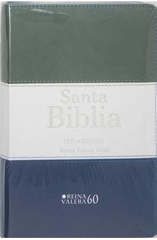 Biblia RVR 1960 Letra Grande Tamaño Manual Tricolor Gris Crema Azúl con Cierre con Índice