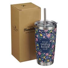 Image of Everything Beautiful Stainless Steel Travel Mug with Reusable Stainless Steel Straw - Ecclesiastes 3:11