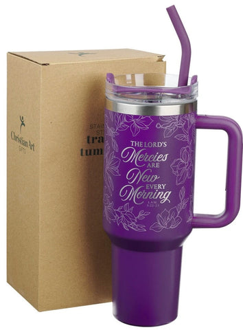 Image of New Mercies Purple Floral 40 oz Stainless Steel Tumbler with Straw - Lamentations 3:22-23