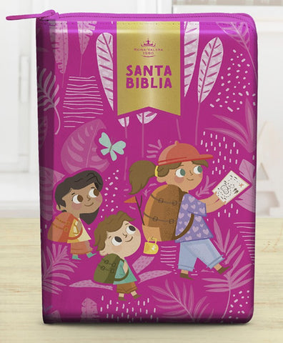 Image of Biblia RVR 1960 Interactiva Para Niños Letra Grande Rosa Símil Piel Con Cierre