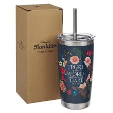 Image of Trust Indigo Blue Floral Stainless Steel Travel Tumbler with Stainless Steel Straw - Proverbs 3:5