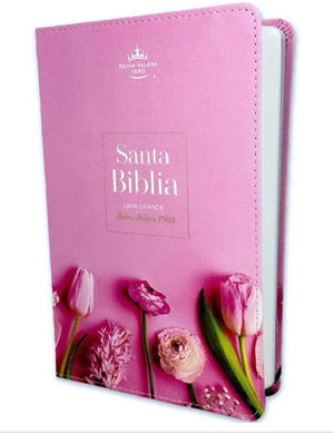 Biblia RVR 1960 Letra Grande Tamaño Manual Símil Piel Supreme Flores en Rosa