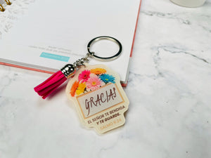 Llavero Acrílico con Tassel. Gracias Flores