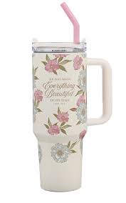 Image of Everything Beautiful Whimsical Blooms 40 oz Stainless Steel Tumbler with Straw- Ecclesiastes 3:11