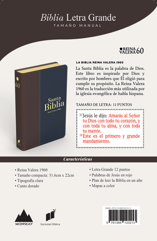 Image of BIBLIA RVR 1960 LETRA GRANDE TAMANO MANUAL SIMIL PIEL DUOTONE MARRON AZUL MARINO