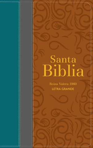 Biblia RVR 1960 Letra Grande Tamaño Manual Tricolor Cian Oscuro Gris Marrón con Cierre e Índice