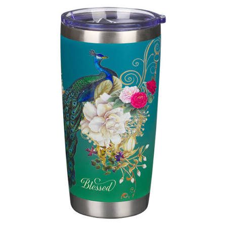 Image of Blessed Blue Peacock Stainless Steel Travel Tumbler - Jeremiah 17:7