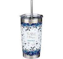 Image of Be Still & Know Blue Floral Stainless Steel Travel Mug with Reusable Stainless Steel Straw - Psalm 46:10