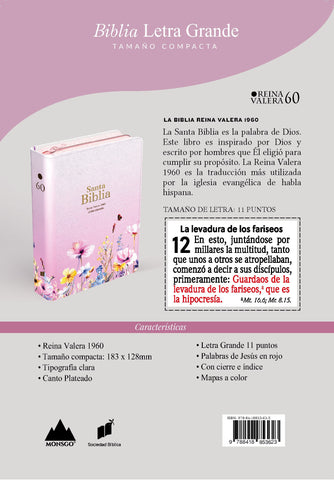 Image of Biblia RVR 1960 Compacta Letra Grande 11 puntos Símil Piel Rosa Flores con Cierre y Índice